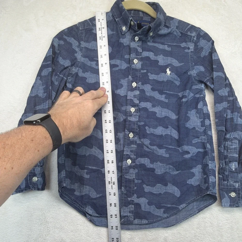 Ralph Lauren Boys Blue Camo Camouflage Button Down Shirt Pony Logo Small